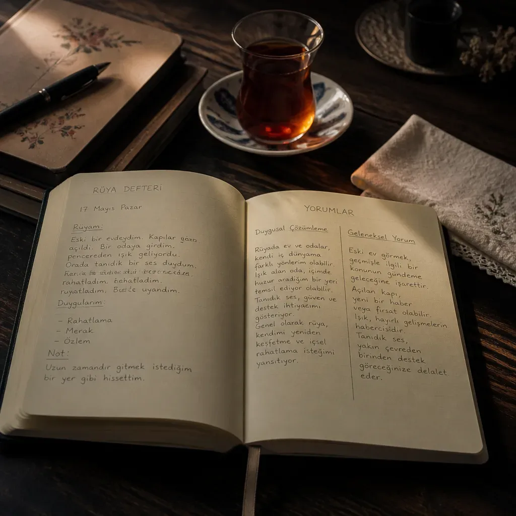Deftere yazılmış rüya notları ve çay