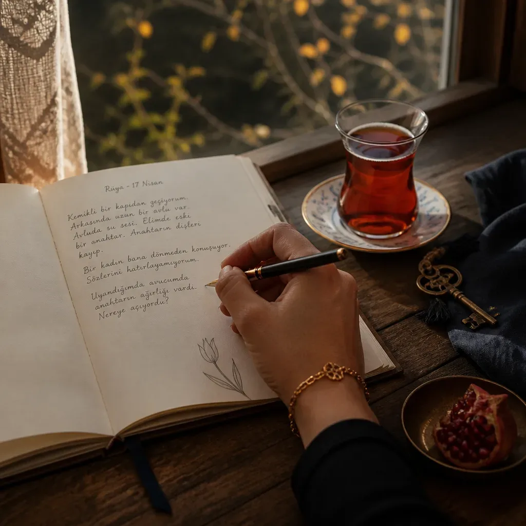 Altın bilezik yanında rüya defteri tutan el