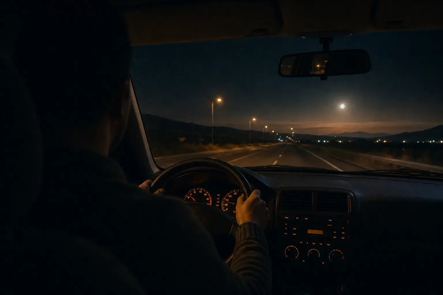 Gece yolunda araba süren sakin bir kişi