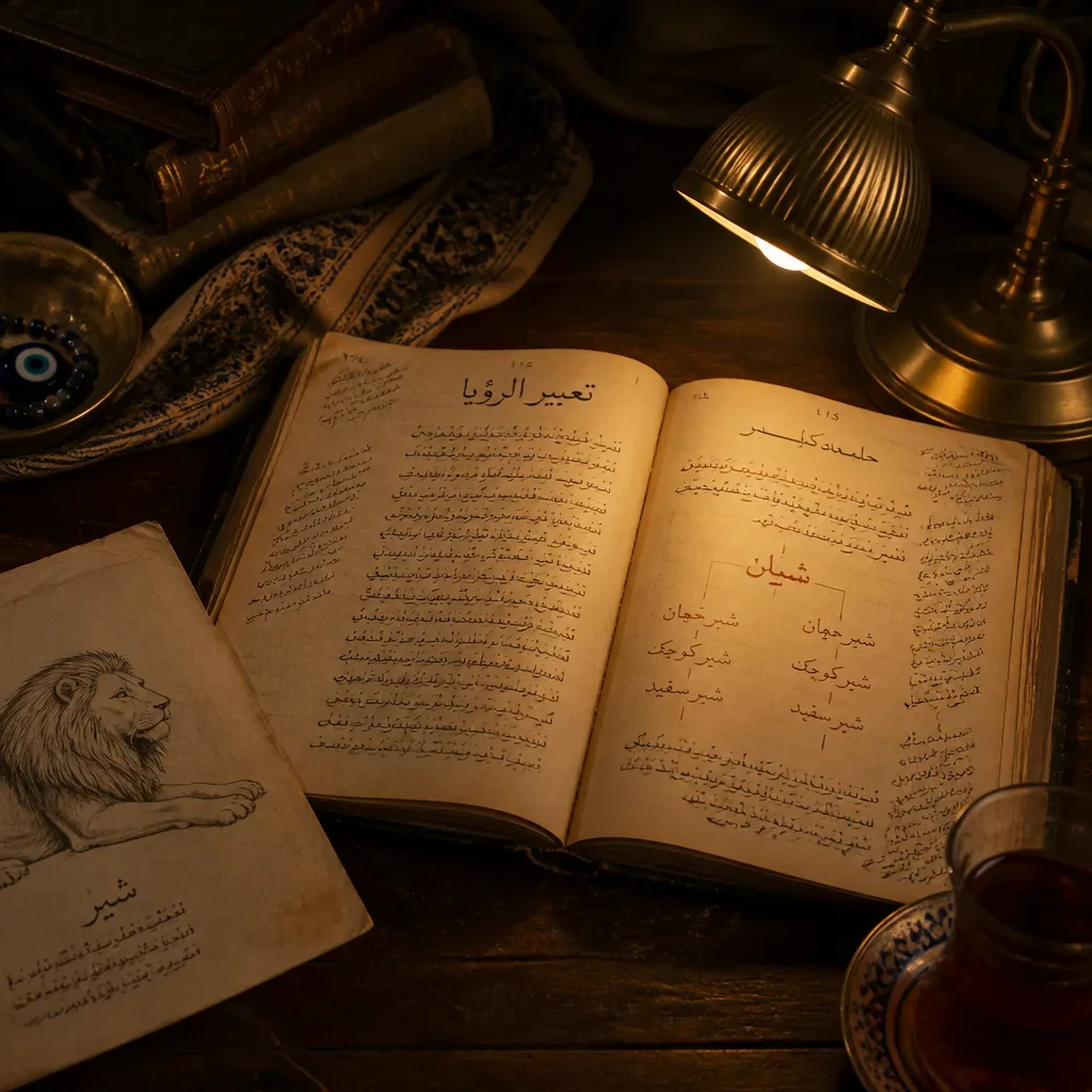 Eski tabir kitabı yanında aslan çizimi