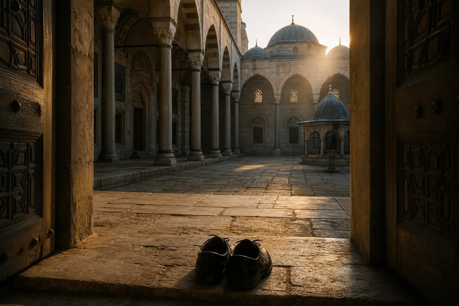 Sessiz avlulu eski bir cami ve sabah ışığı