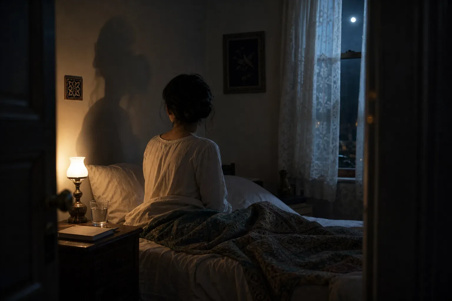 Gece uyanan kişinin loş odadaki gölgesi