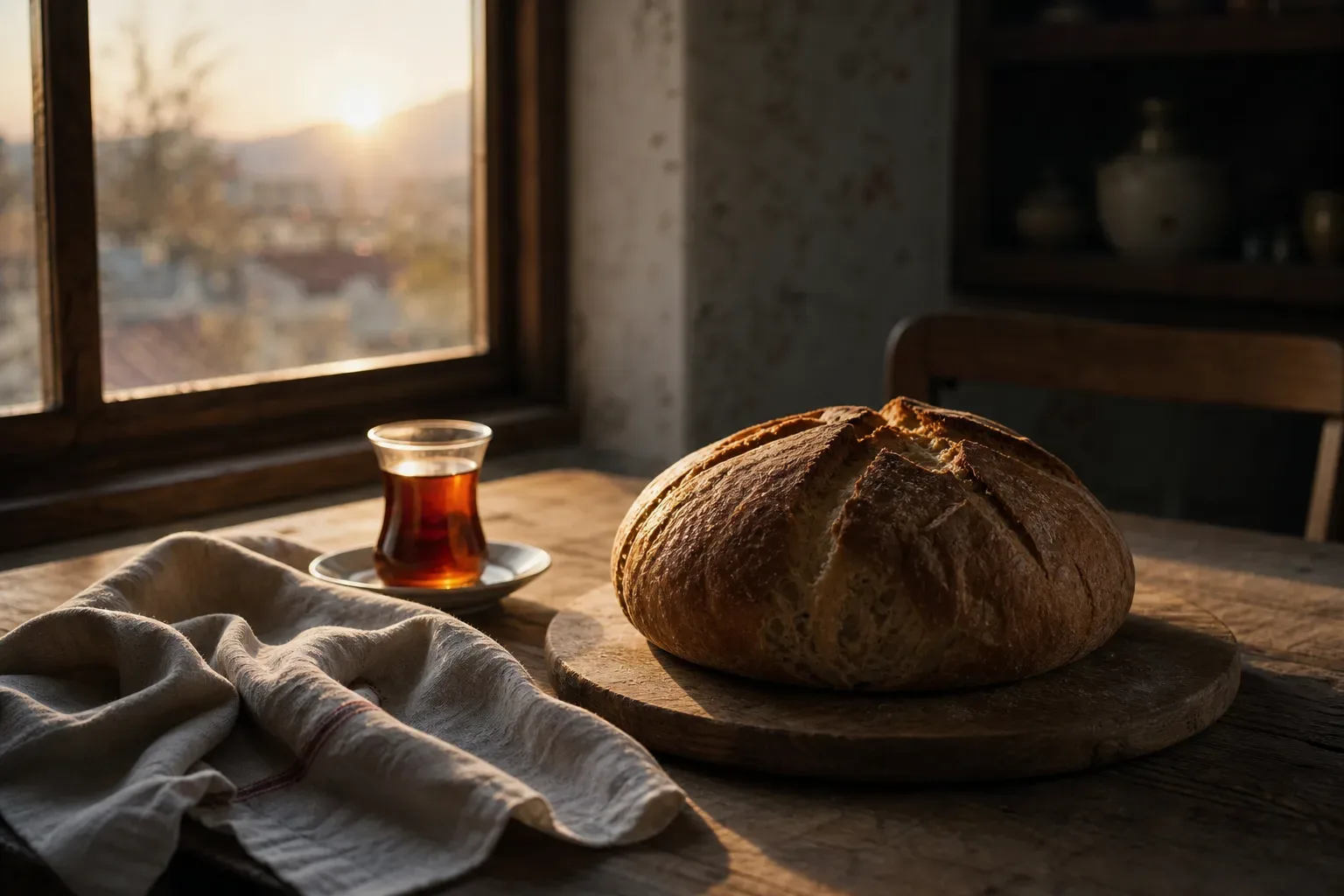 Sabah ışığında masada somun ekmek