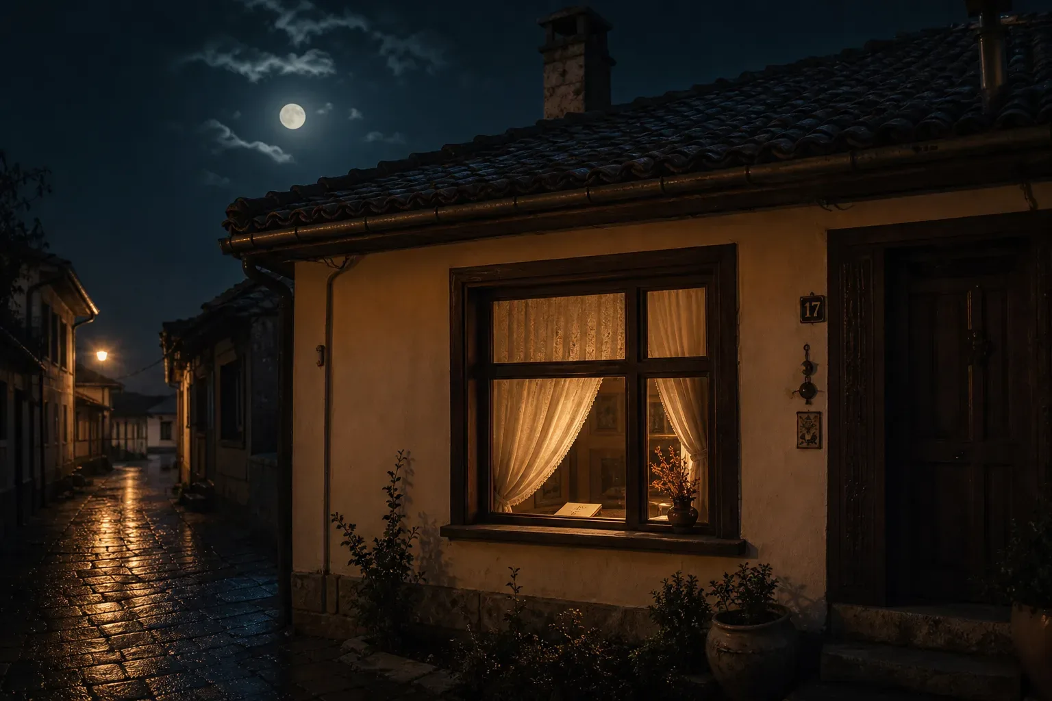 Gece ışığında sakin bir ev ve açık pencere