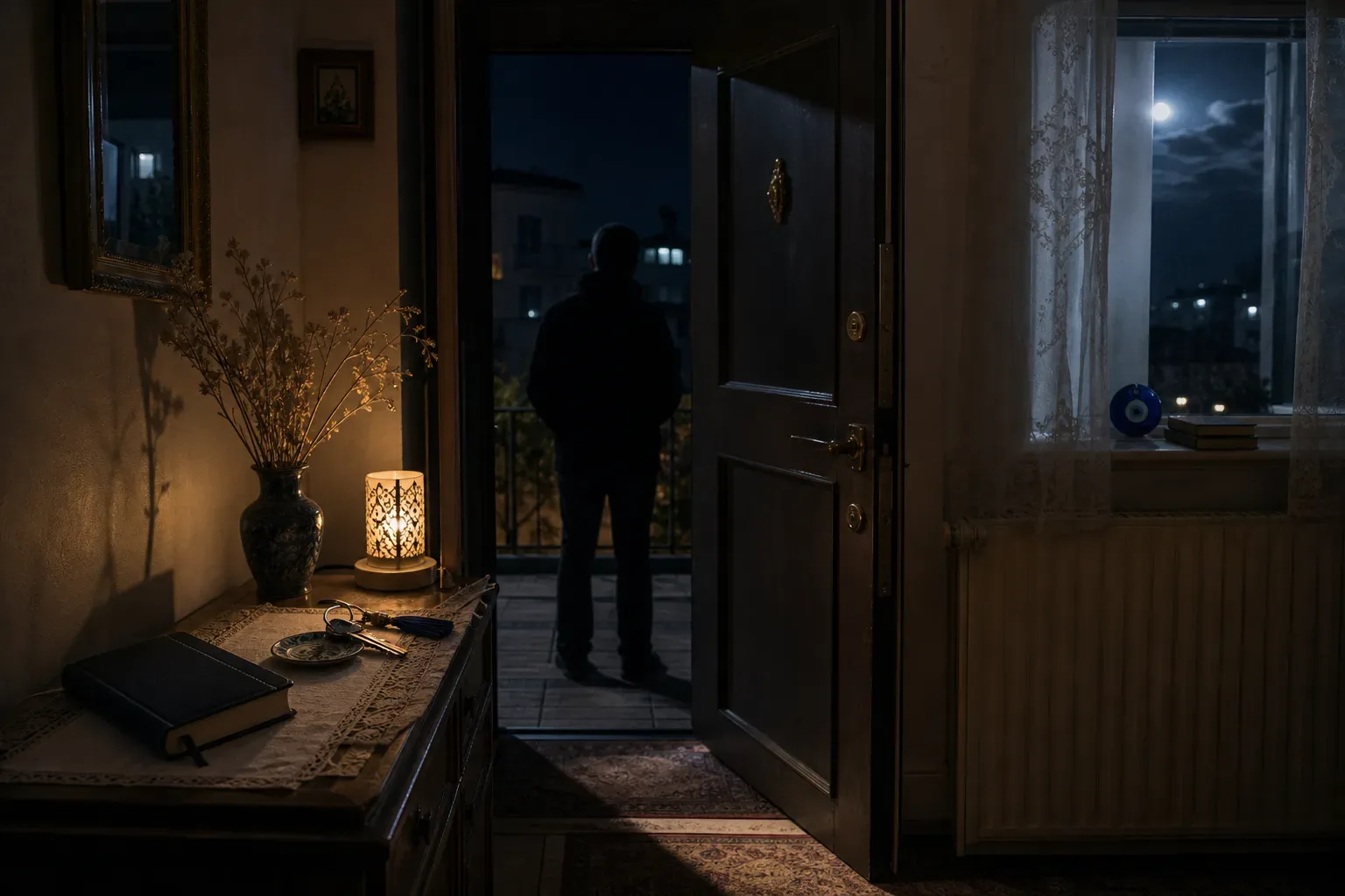 Gece ev kapısında beliren gölgeli hırsız figürü