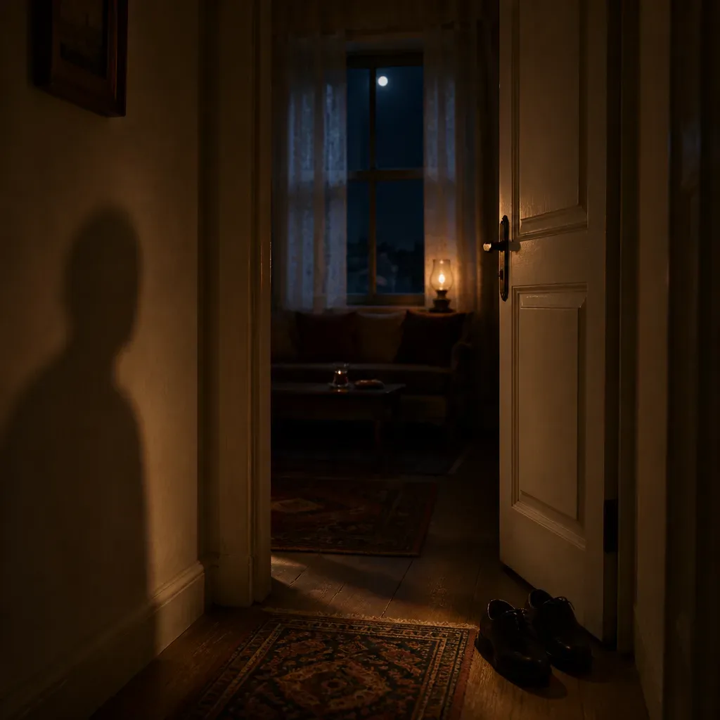 Gece açık kapılı ev koridoru