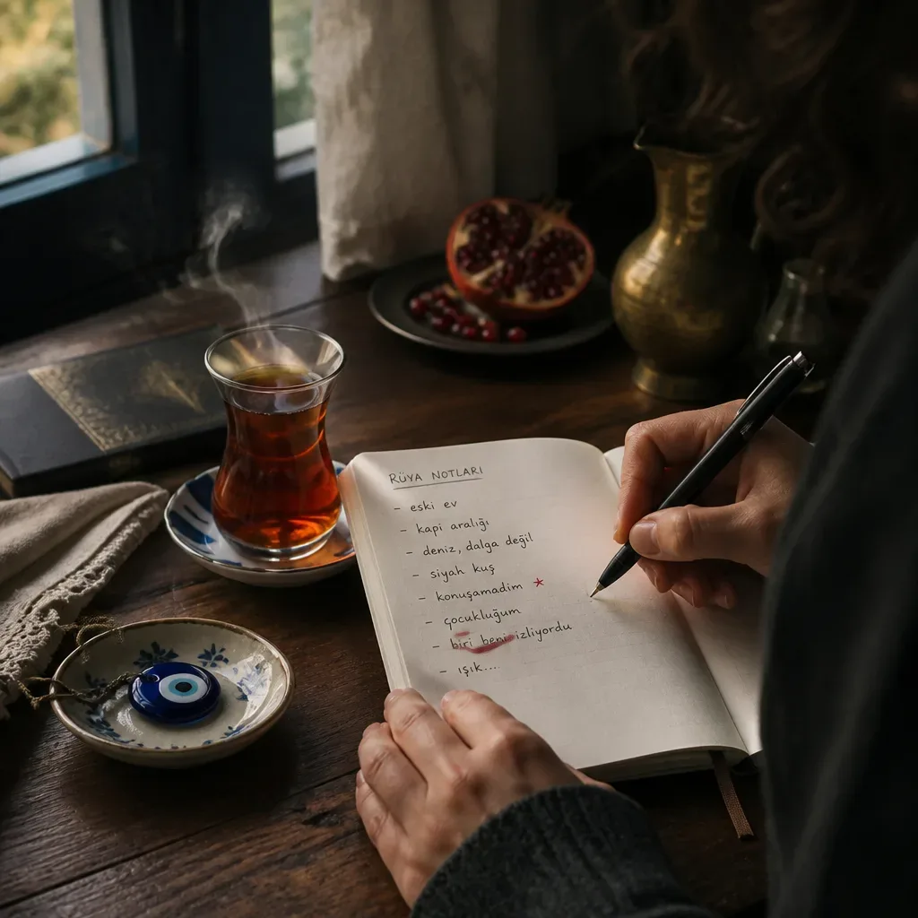 Sabah masasında rüya defterine not alan kişi