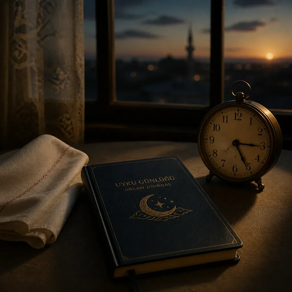 Defter, saat ve kırmızı iplikli beyaz kumaş