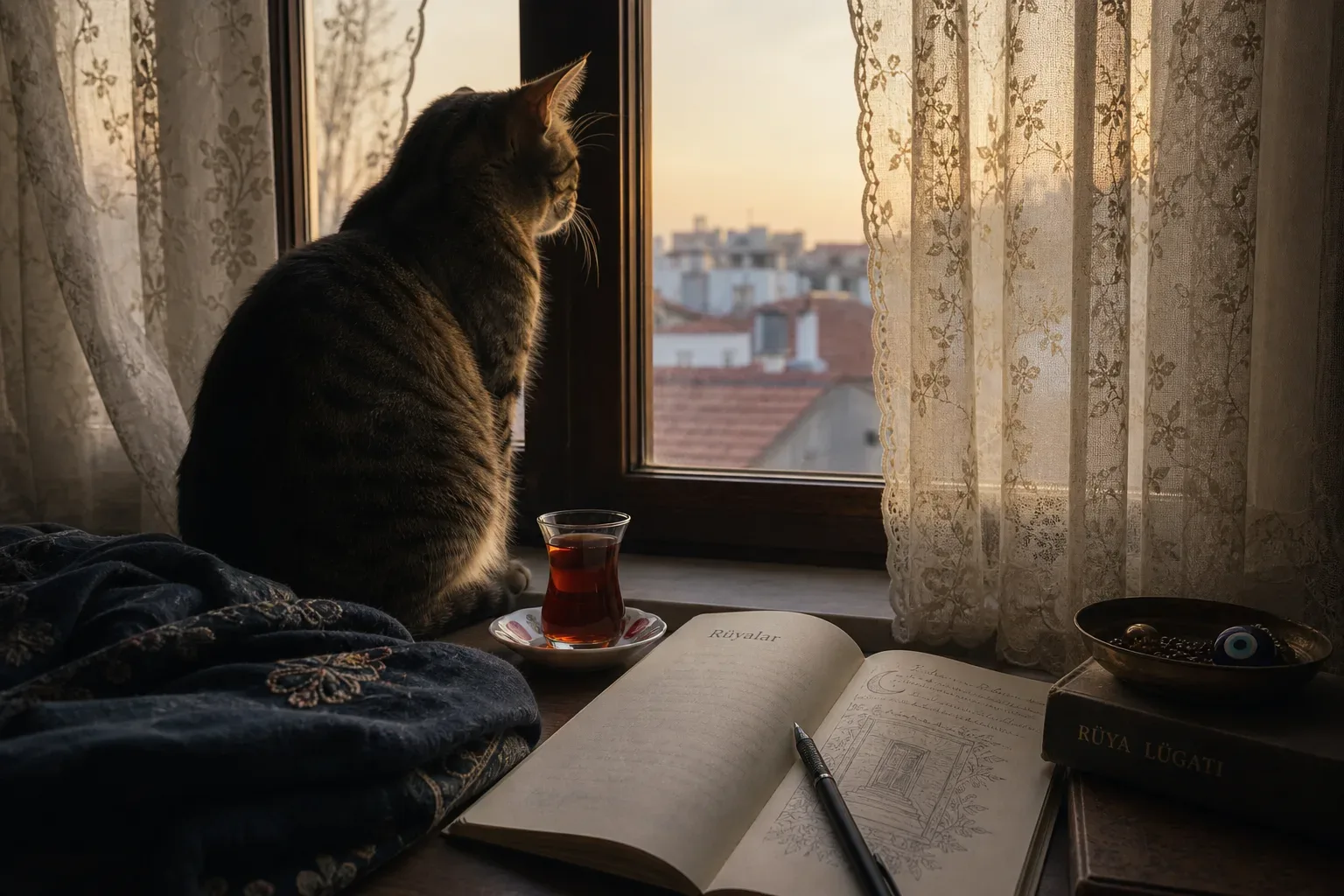 Pencere kenarında sakin duran kedi ve rüya defteri