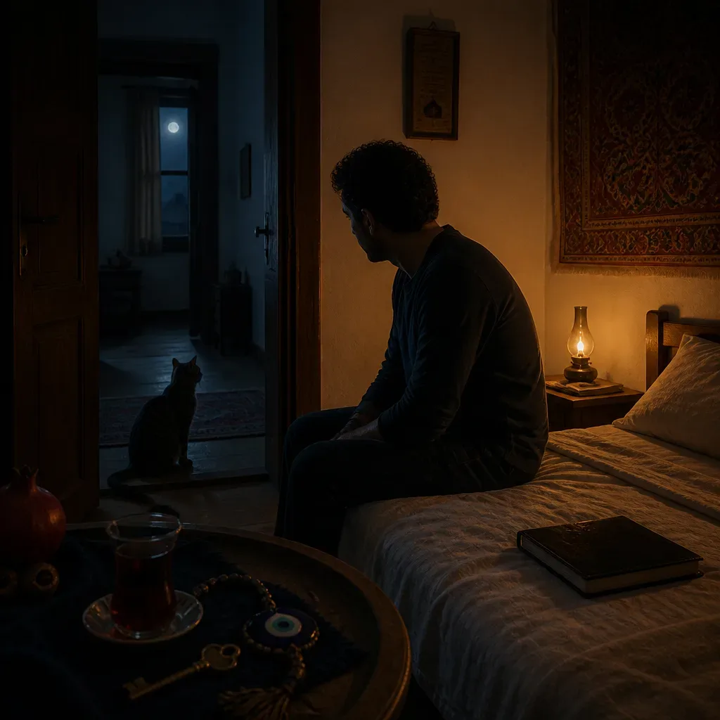 Kapı eşiğinde duran kedi ve gece odası