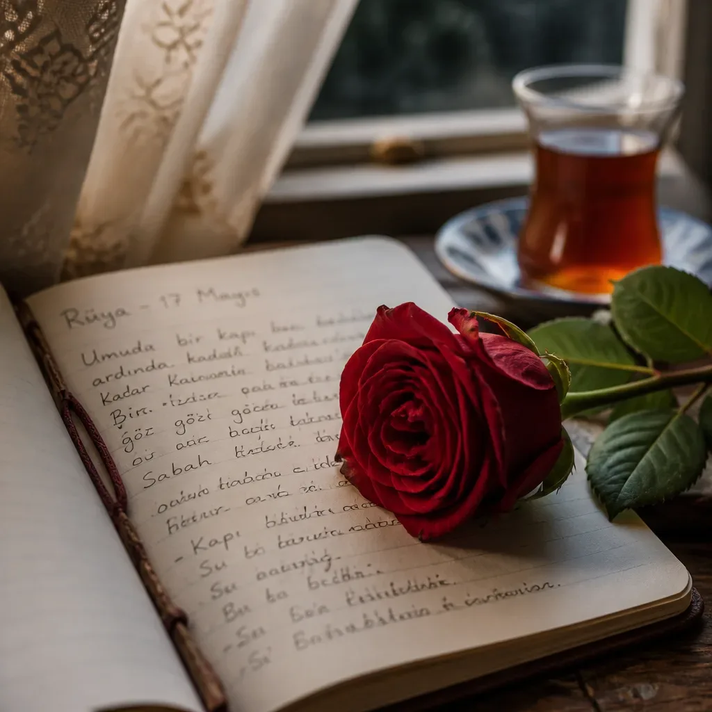 Defter üstünde kırmızı gül ve sabah notları