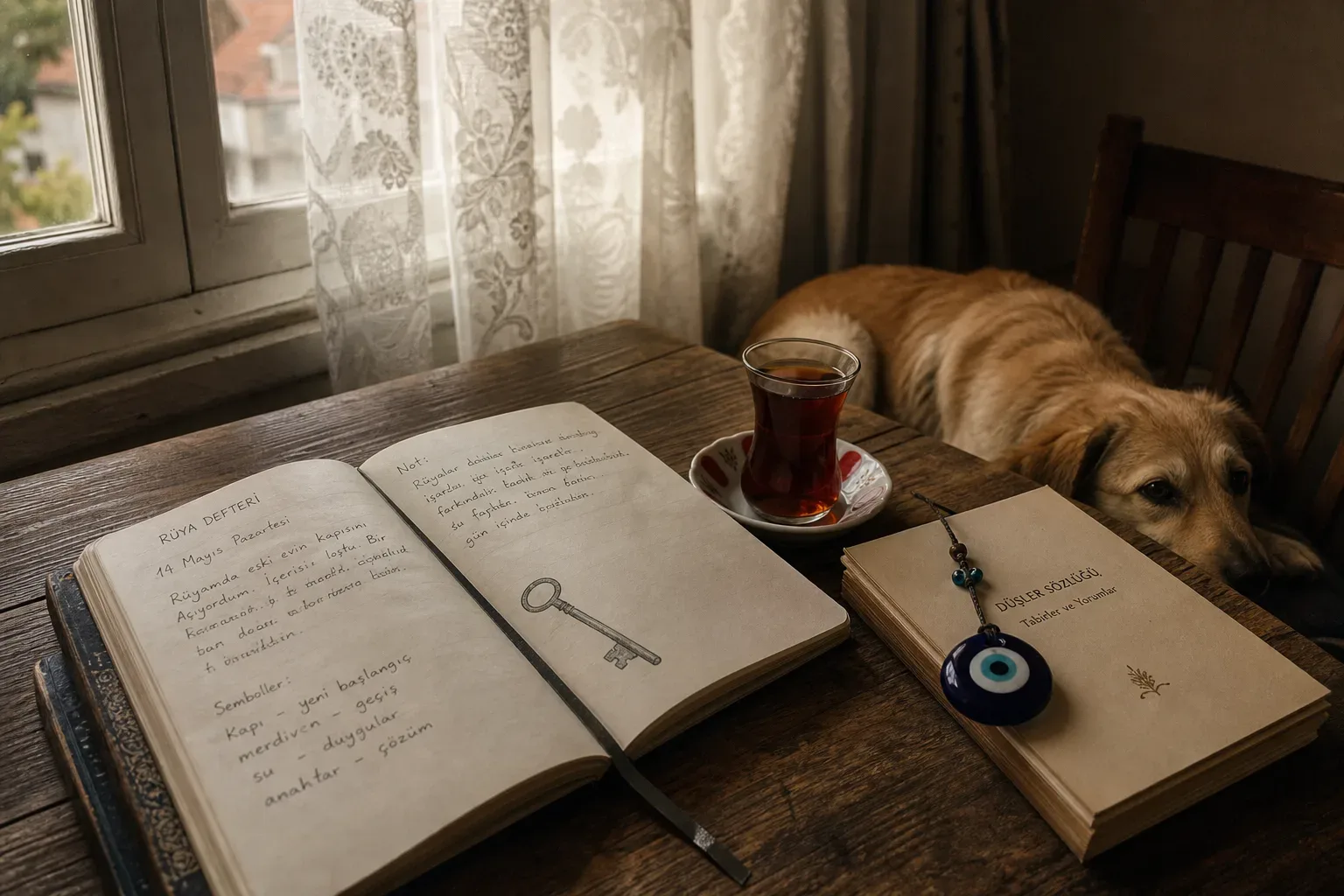 Sabah ışığında sakin bir köpek ve açık defter