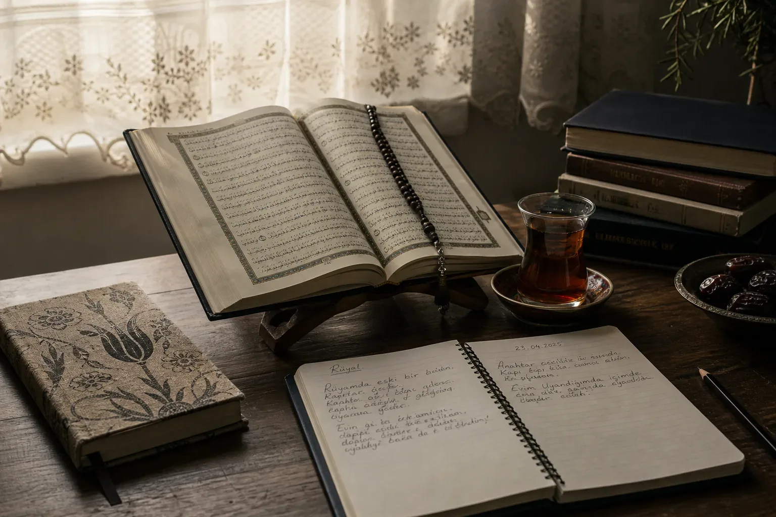 Sabah ışığında açık Kur’an ve defter