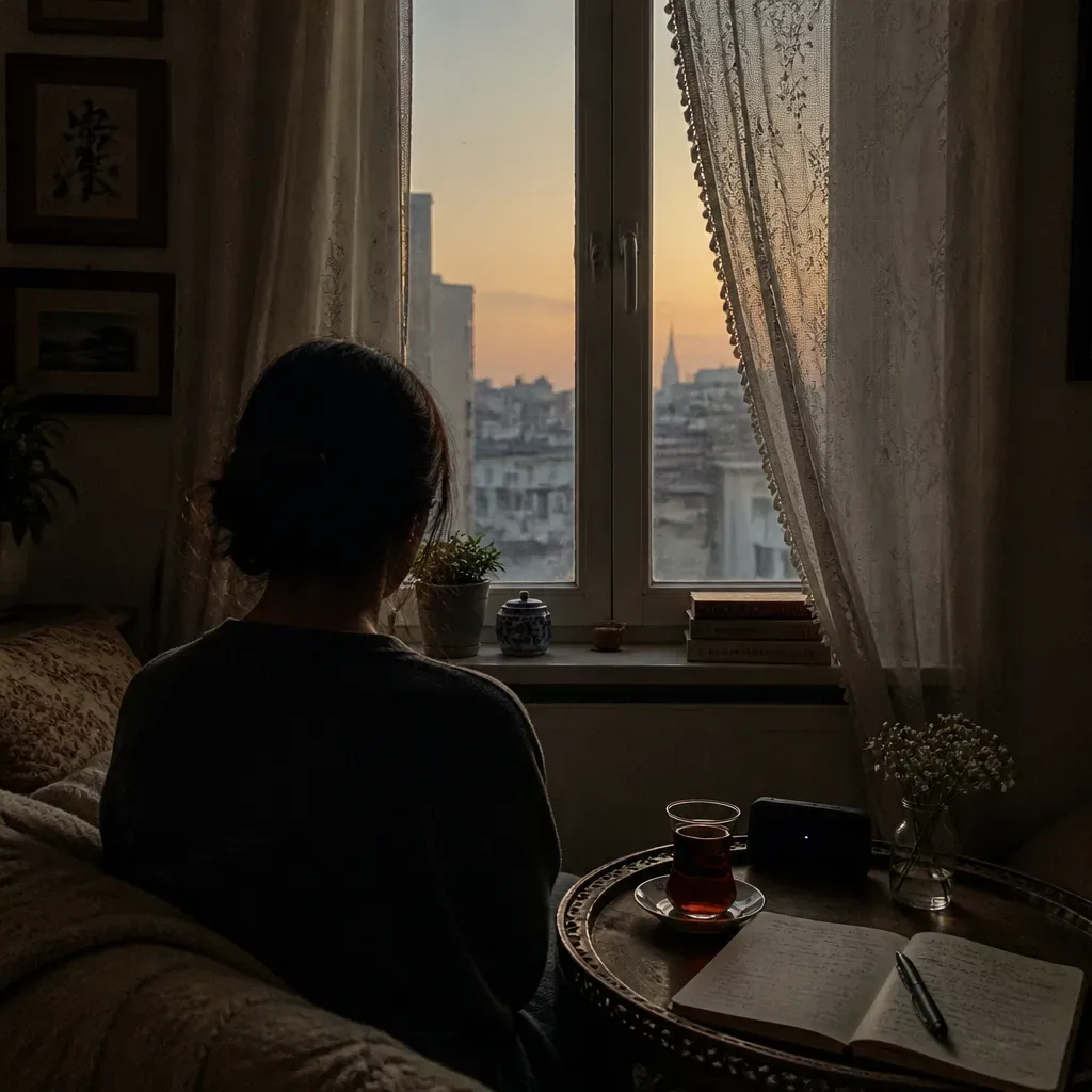 Sabah pencere yanında sessizce dinleyen kişi