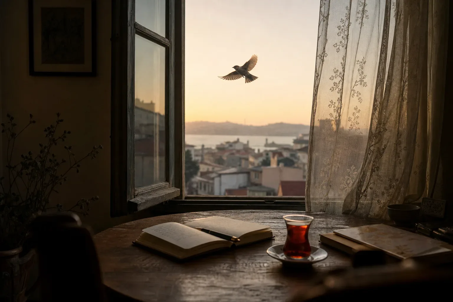 Açık pencereden sabah ışığına uçan kuş