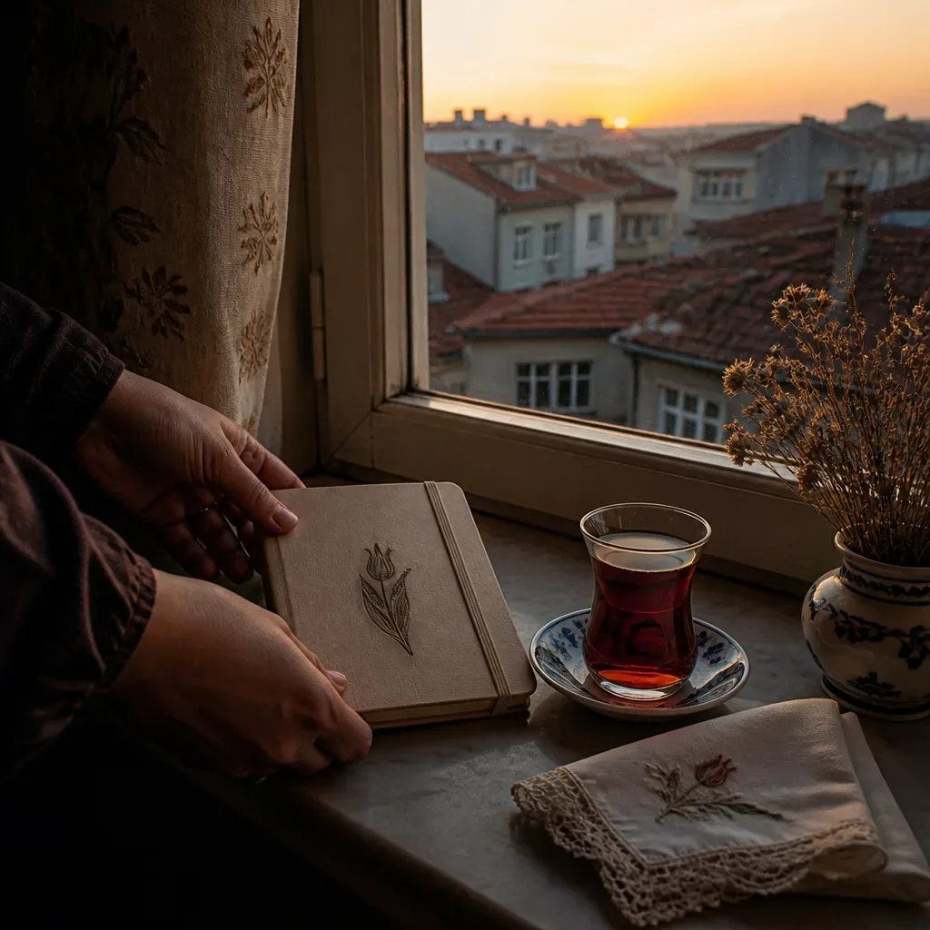 Pencere kenarında defter ve çay bardağı