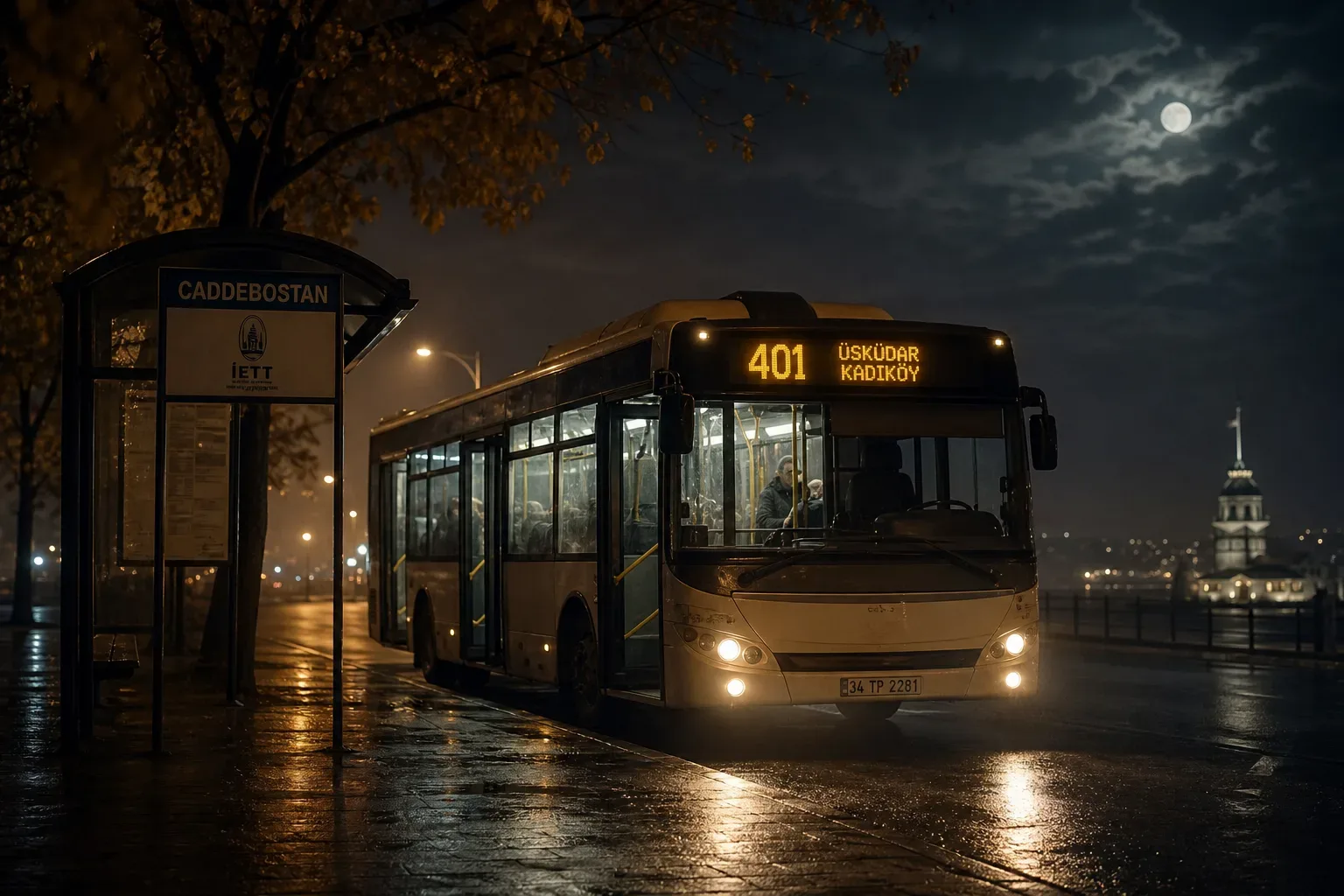 Gece yolunda duran aydınlık bir otobüs