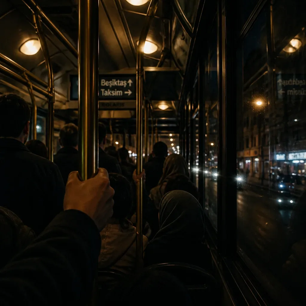Kalabalık gece otobüsünde ayakta duran yolcu