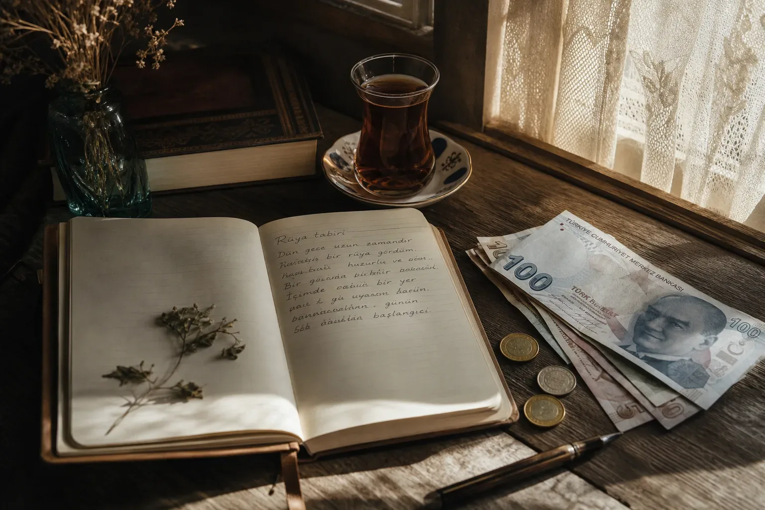 Defter yanında para ve sabah ışığı