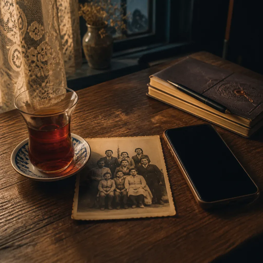 Eski fotoğraf yanında sessiz duran telefon