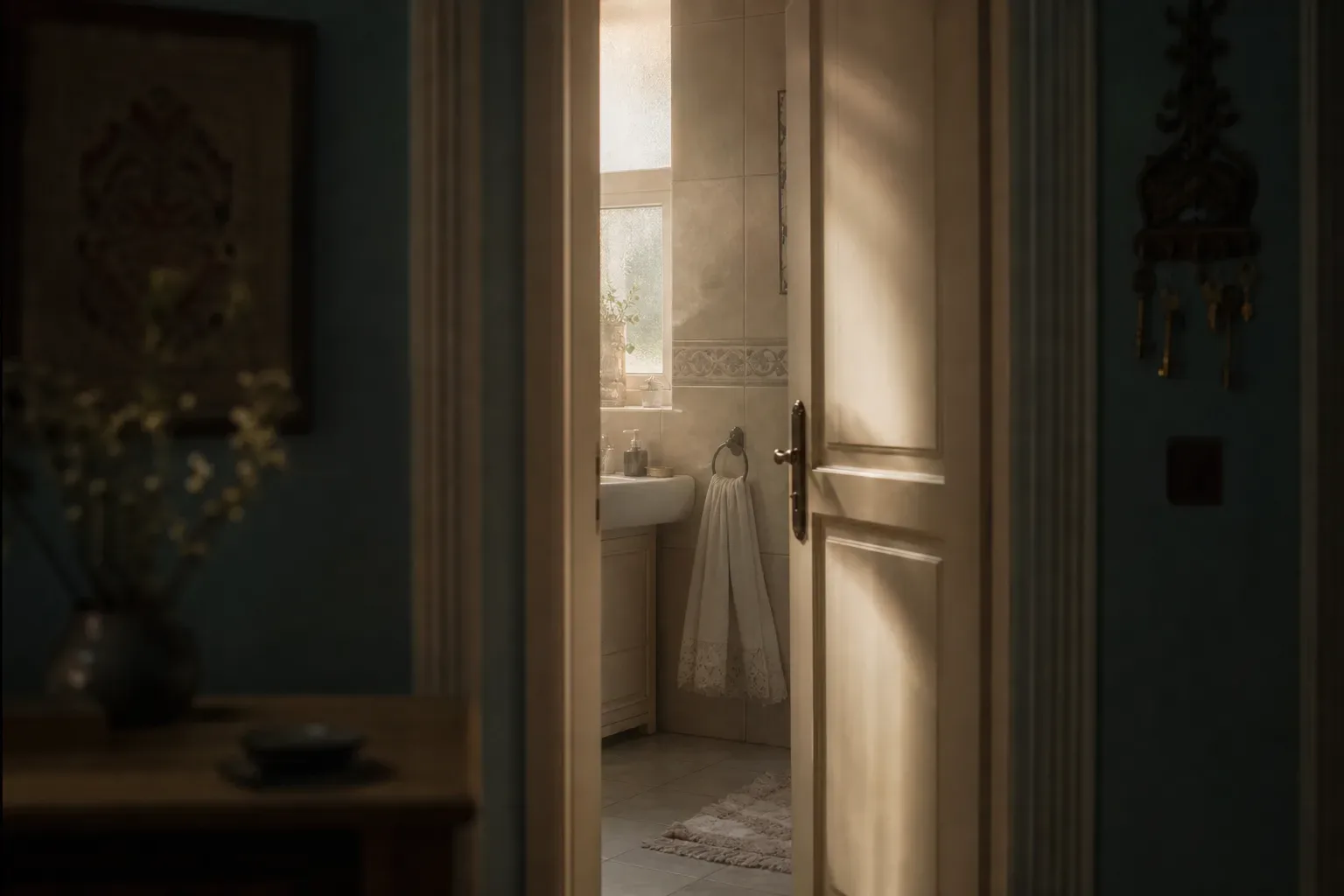 Sabah ışığında sade bir banyo kapısı