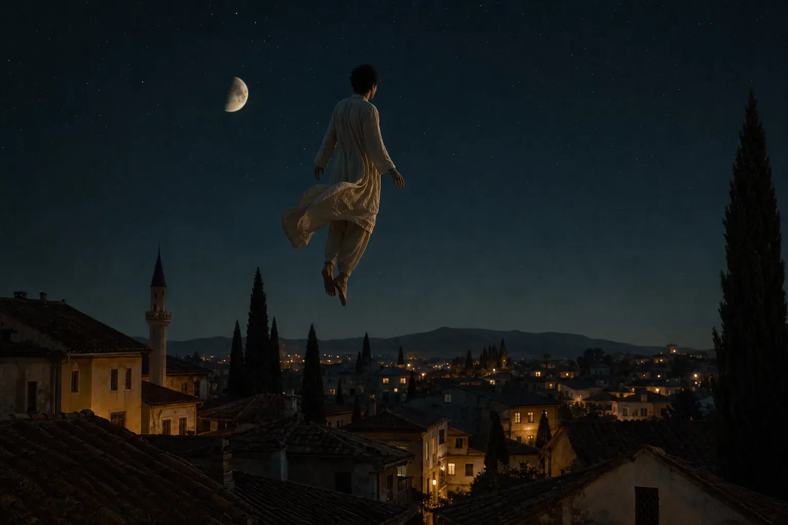 Gece göğünde sakin biçimde uçan bir insan