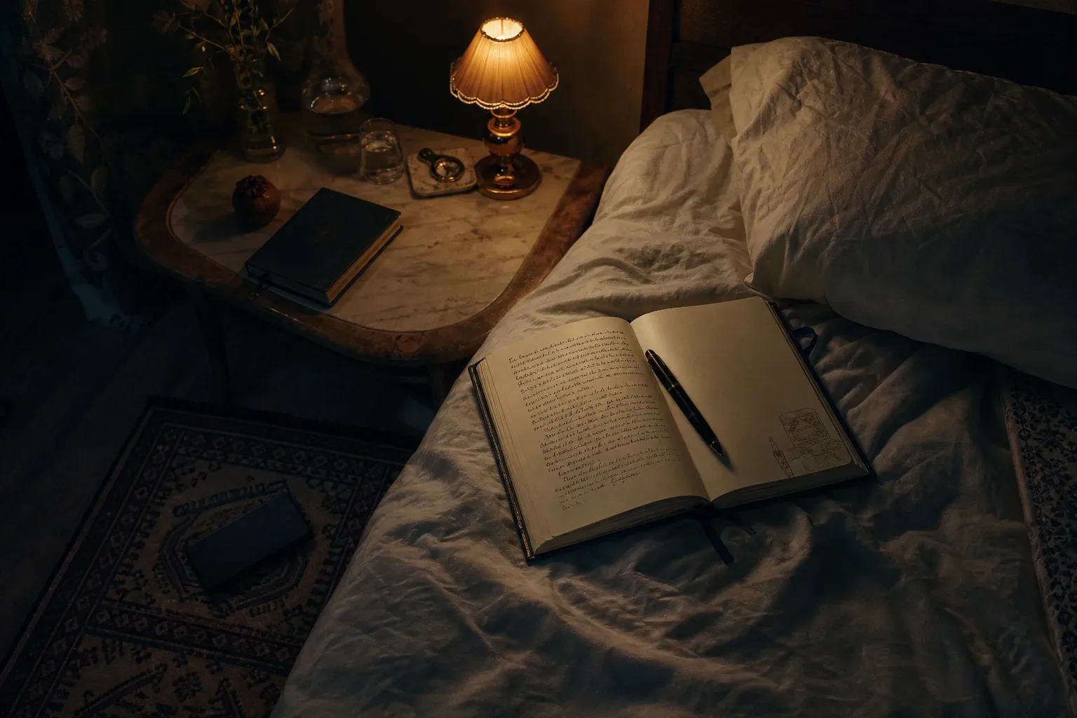 Başucunda açık defter ve gece lambası