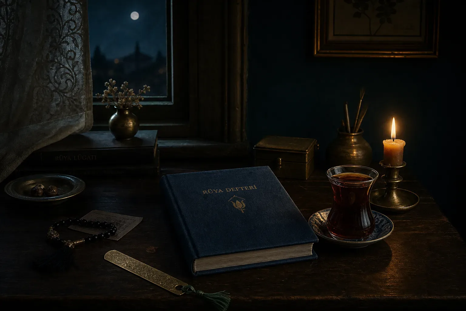 A dark wooden desk at night with a cloth-bound notebook, brass bookmark, and tulip tea glass.