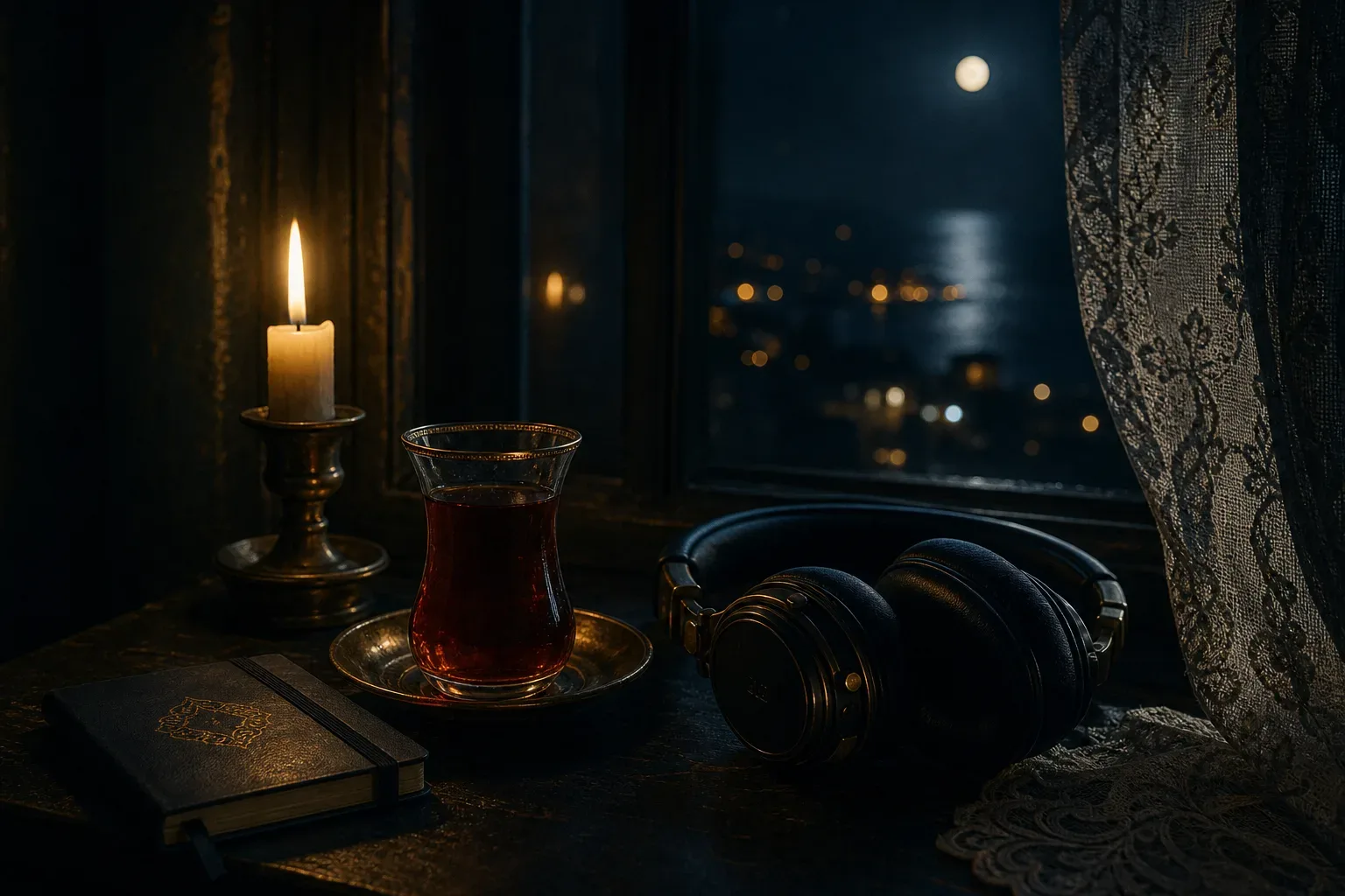 A tulip tea glass and over-ear headphones on a dark windowsill at night.