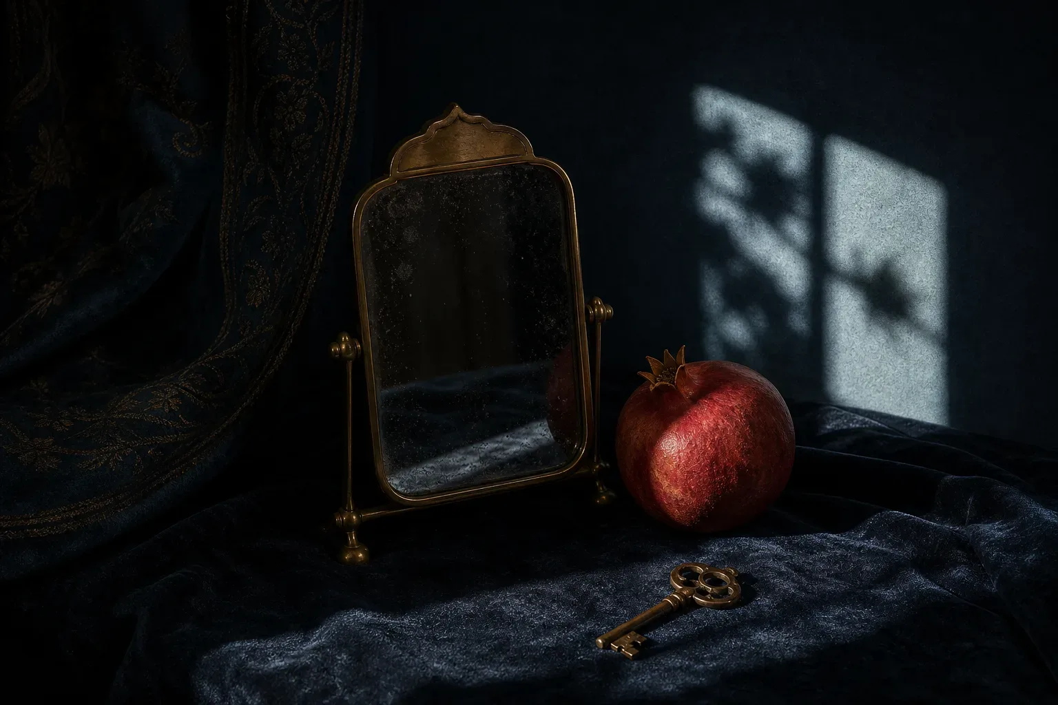 A small brass-framed mirror on dark velvet catching moonlight, next to a pomegranate.